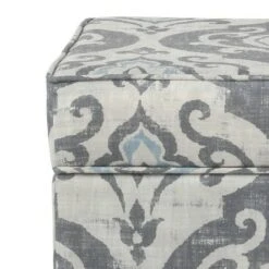 Wooden Hidden Storage Ottoman with Patterned Fabric Upholstery Gray/Blue - Benzara