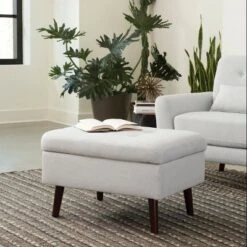 Tufted Fabric Mid-Century Modern Storage Ottoman & Walnut Legs Light Gray - OFM -Ottomans Official Shop unnamed file 10017