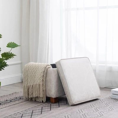 Square Storage Ottoman with Piping and Lift Off Lid Distressed Tan Faux Leather - WOVENBYRD 3 Square Storage Ottoman with Piping and Lift Off Lid Distressed Tan Faux Leather - WOVENBYRD