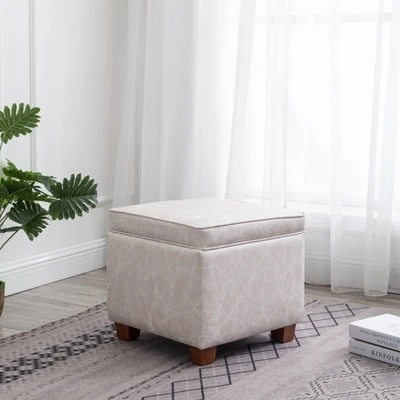 Square Storage Ottoman with Piping and Lift Off Lid Distressed Tan Faux Leather - WOVENBYRD 4 Square Storage Ottoman with Piping and Lift Off Lid Distressed Tan Faux Leather - WOVENBYRD - Image 2