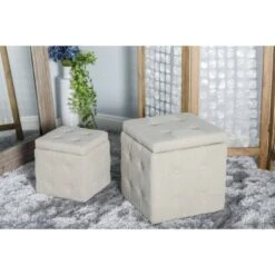 Olivia & May Set of 2 Contemporary Square Storage Stools Beige - Olivia & May