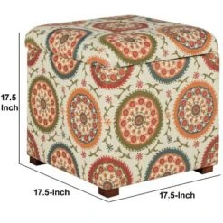 Suzani Patterned Fabric Upholstered Wooden Ottoman with Hidden Storage White/Orange - Benzara -Ottomans Official Shop unnamed file 10042