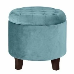 Button Tufted Velvet Upholstered Wooden with Hidden Storage Ottoman - Benzara Blue/brown
