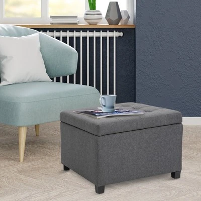 HOMCOM Fabric Tufted Storage Ottoman with Flip Top Seat Lid, Metal Hinge and Stable Rubberwood Frame for Living Room, Entryway, or Bedroom, Grey 3 HOMCOM Fabric Tufted Storage Ottoman with Flip Top Seat Lid, Metal Hinge and Stable Rubberwood Frame for Living Room, Entryway, or Bedroom, Grey