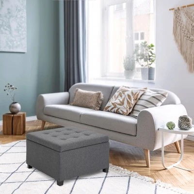 HOMCOM Fabric Tufted Storage Ottoman with Flip Top Seat Lid, Metal Hinge and Stable Rubberwood Frame for Living Room, Entryway, or Bedroom, Grey 4 HOMCOM Fabric Tufted Storage Ottoman with Flip Top Seat Lid, Metal Hinge and Stable Rubberwood Frame for Living Room, Entryway, or Bedroom, Grey - Image 2