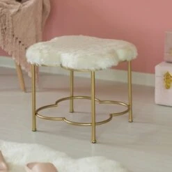 Fabulaxe Cloud Shaped White Fur Gold Vanity Stool