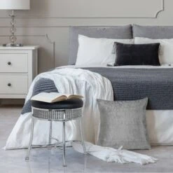 Ottomans Official Shop 34 18" Venice Metal Backless Vanity Stool with Faux - Hillsdale Furniture Black Crystal/chrome