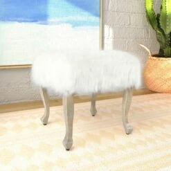 Faux Fur Ottoman with Wood Legs - HomePop White -Ottomans Official Shop unnamed file 155
