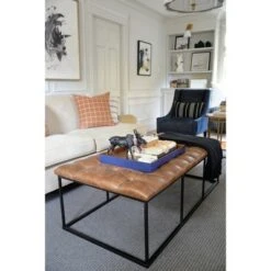 58" Draper Large Bench with Button Tufting Faux Leather Light Brown - HomePop -Ottomans Official Shop unnamed file 1715