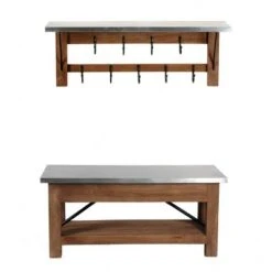 Alaterre Furniture Millwork Bench with Open Coat Hook Shelf Wood and Zinc Metal Silver/Light Amber - Alaterre