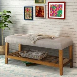 Wooden Bench Light Gray/Brown - Benzara -Ottomans Official Shop unnamed file 2673