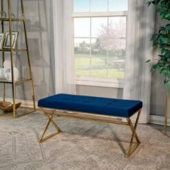 Rectangle X Legs Velveteen Bench Blue/Gold - Sagebrook Home -Ottomans Official Shop unnamed file 2686