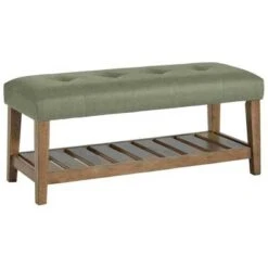 Tufted Cushioned Seat Wooden Bench - Benzara Green/brown -Ottomans Official Shop unnamed file 3367