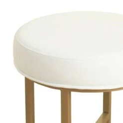 Round Shape Metal Framed Stool with Velvet Upholstered Seat White and Gold - Benzara