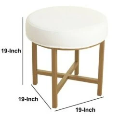 Round Shape Metal Framed Stool with Velvet Upholstered Seat White and Gold - Benzara -Ottomans Official Shop unnamed file 358
