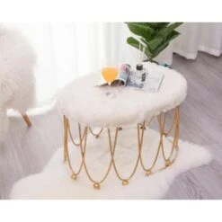 Fabulaxe Set of 2 Gold Metal Side Accent Table Stools with White Fur Top Seat
