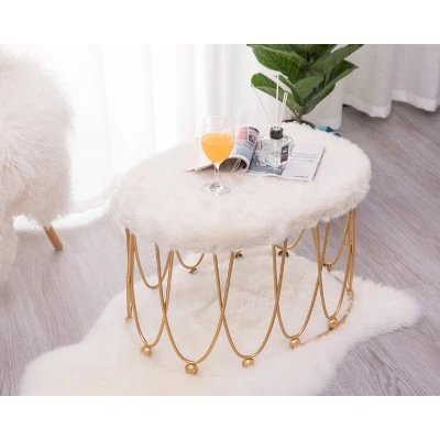 Fabulaxe Set of 2 Gold Metal Side Accent Table Stools with White Fur Top Seat 3 Fabulaxe Set of 2 Gold Metal Side Accent Table Stools with White Fur Top Seat