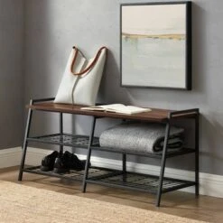 42" Urban Industrial Metal and Wood Entry Bench - Saracina Home Gray Wash