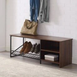 48" Urban Industrial Entry Bench with Shoe Storage - Saracina Home Dark Walnut