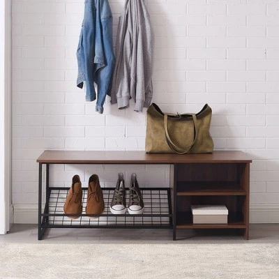 48" Urban Industrial Entry Bench with Shoe Storage - Saracina Home Dark Walnut 4 48" Urban Industrial Entry Bench with Shoe Storage - Saracina Home Dark Walnut - Image 2