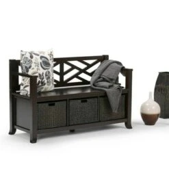 47" Nolan Solid Wood Storage Bench with Basket Storage Espresso Brown - WyndenHall
