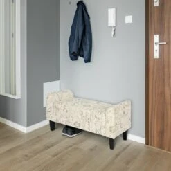 HOMCOM 41" Modern Linen Armed Entryway Bench Signature Print with Cream White Parchment Background