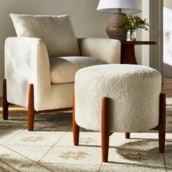 Ottomans Official Shop 68 Threshold Designed W/Studio McGee Elroy Sherpa Round Ottoman with Wood Legs Cream - Threshold™ designed with Studio McGee