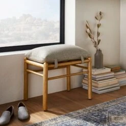 Threshold Designed W/Studio McGee Emery Wood and Upholstered Ottoman with Straps - Threshold™ designed with Studio McGee Cream