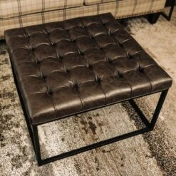 28" Square Button Tufted Metal Ottoman - WOVENBYRD Distressed Black Faux Leather -Ottomans Official Shop unnamed file 4289