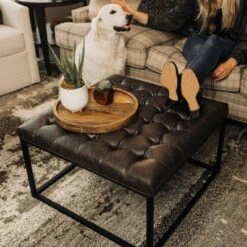 28" Square Button Tufted Metal Ottoman - WOVENBYRD Distressed Black Faux Leather -Ottomans Official Shop unnamed file 4290