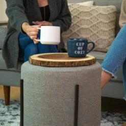 16" Modern Round Ottoman with Metal Base - WOVENBYRD Tan