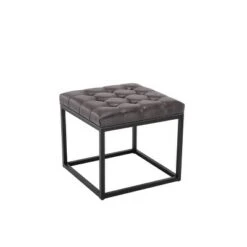 18" Square Button Tufted Metal Ottoman - WOVENBYRD Distressed Black Faux Leather