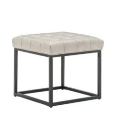18" Square Button Tufted Metal Ottoman - WOVENBYRD Distressed Black Faux Leather -Ottomans Official Shop unnamed file 4626