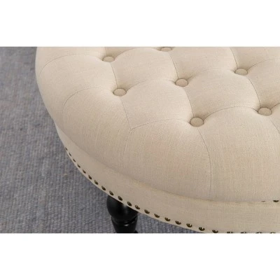 Isabelle Round Tufted Ottoman - Linon Natural 5 Isabelle Round Tufted Ottoman - Linon Natural - Image 3