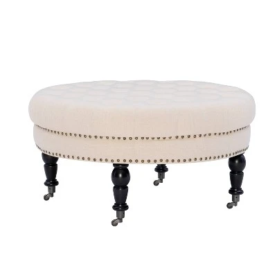 Isabelle Round Tufted Ottoman - Linon Natural 7 Isabelle Round Tufted Ottoman - Linon Natural - Image 5