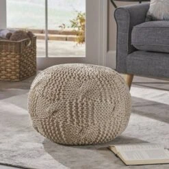 Anouk Knitted Cotton Pouf - Christopher Knight Home Beige