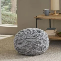 Morven Modern Knitted Cotton Round Pouf - Christopher Knight Home Gray