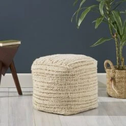 Calzona Boho Wool and Cotton Ottoman Pouf - Christopher Knight Home Ivory/beige -Ottomans Official Shop unnamed file 5314