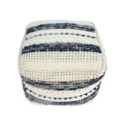 Hambo Contemporary Wool and Cotton Pouf Ottoman White/Blue - Christopher Knight Home