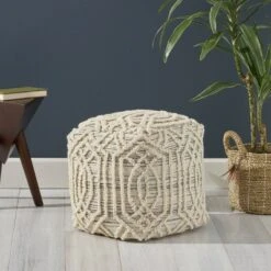 Bluffside Boho Wool and Cotton Ottoman Pouf Gray/Ivory - Christopher Knight Home