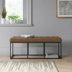 Trubeck Tufted Metal Base Bench Faux Leather Brown - Project 62™