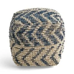 Freesia Boho Wool and Cotton Large Ottoman Pouf White/Blue - Christopher Knight Home
