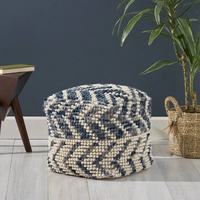 Freesia Boho Wool and Cotton Large Ottoman Pouf White/Blue - Christopher Knight Home 8 Freesia Boho Wool and Cotton Large Ottoman Pouf White/Blue - Christopher Knight Home - Image 6