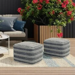 Anika Square Woven PET Polyester Pouf Navy/White - WyndenHall