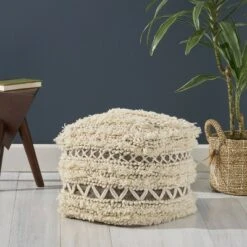 Billie Boho Ottoman Pouf Ivory/Gray - Christopher Knight Home
