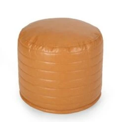 Baddow Contemporary Faux Leather Channel Stitch Cylinder Pouf - Christopher Knight Home Caramel -Ottomans Official Shop unnamed file 5991