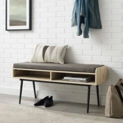 Mid-Century Modern 44" Open Storage Entry Bench - Saracina Home Dark Walnut/oatmeal -Ottomans Official Shop unnamed file 602