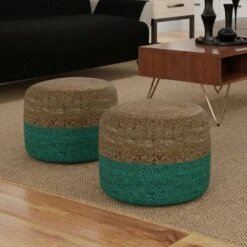 Maron Round Pouf Aqua/ Natural - WyndenHall