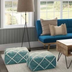 Woodley Square Pouf Teal/ Natural - WyndenHall