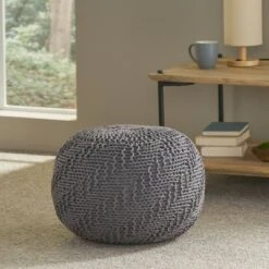 Barwick Modern Knitted Cotton Round Pouf Dark Gray - Christopher Knight Home